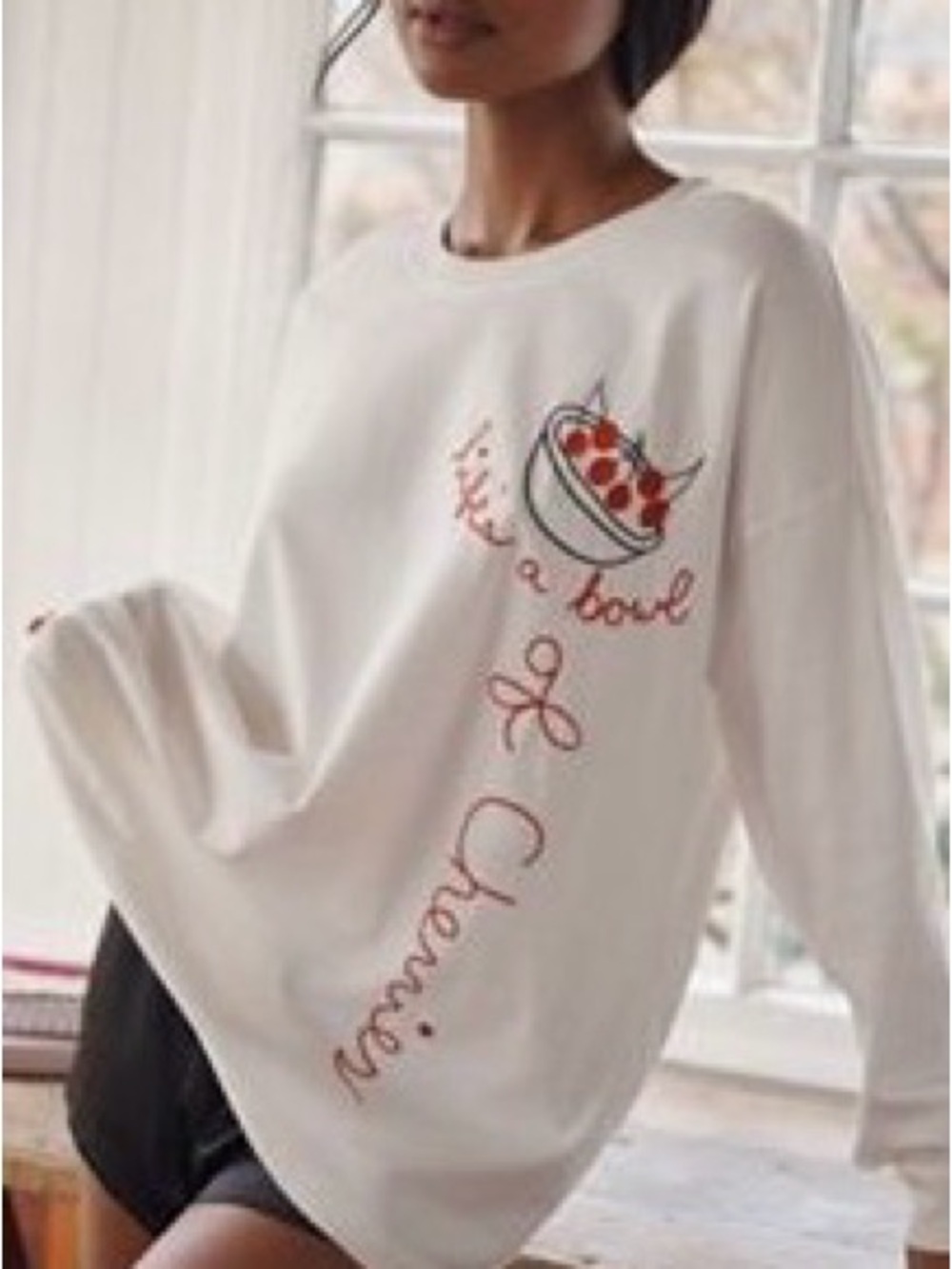 Anthropologie LyreBird White Long Sleeve Tee with Cherry Bowl Graphic